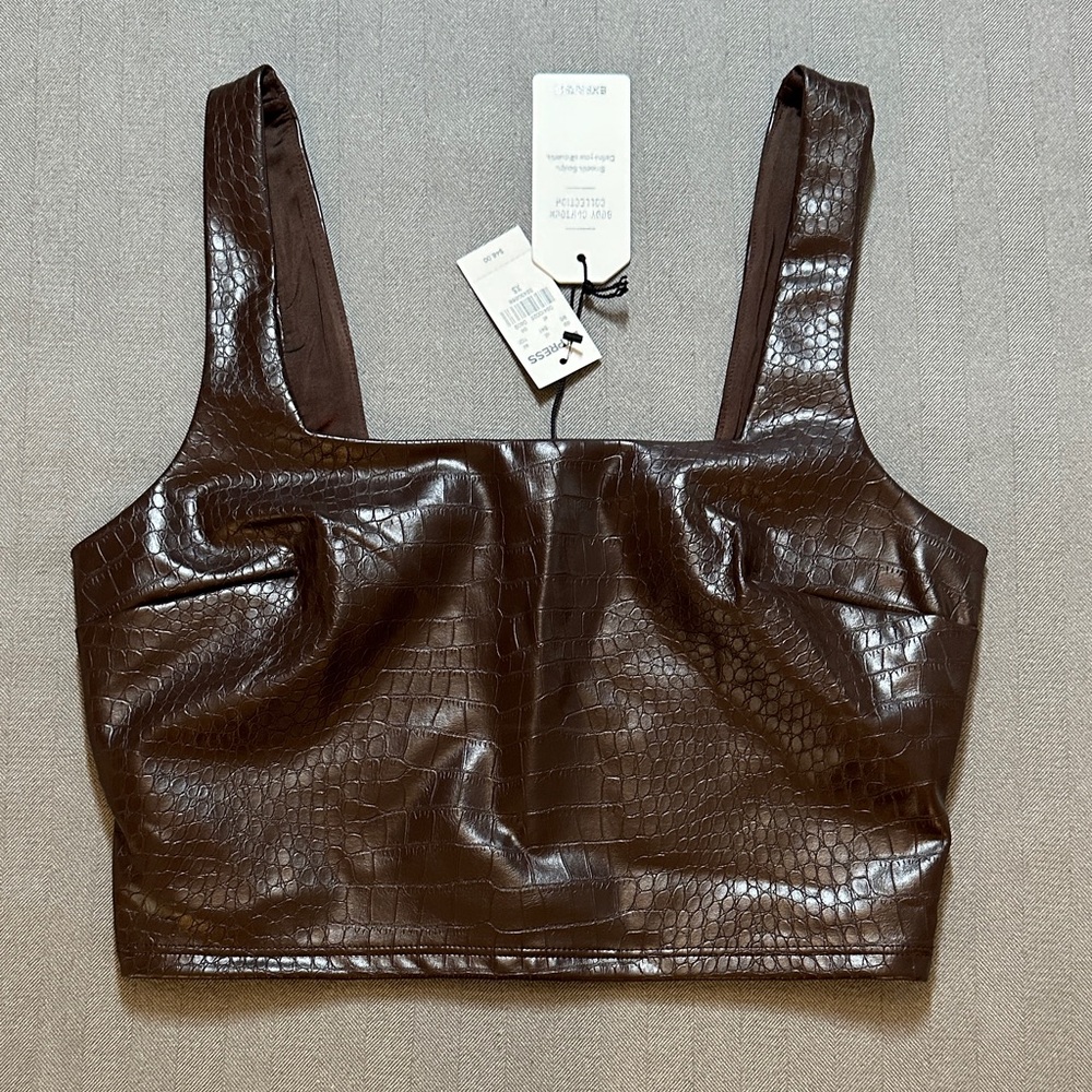 Express Body Contour Brown Crocodile Faux Leather Crop Tank XS NWT